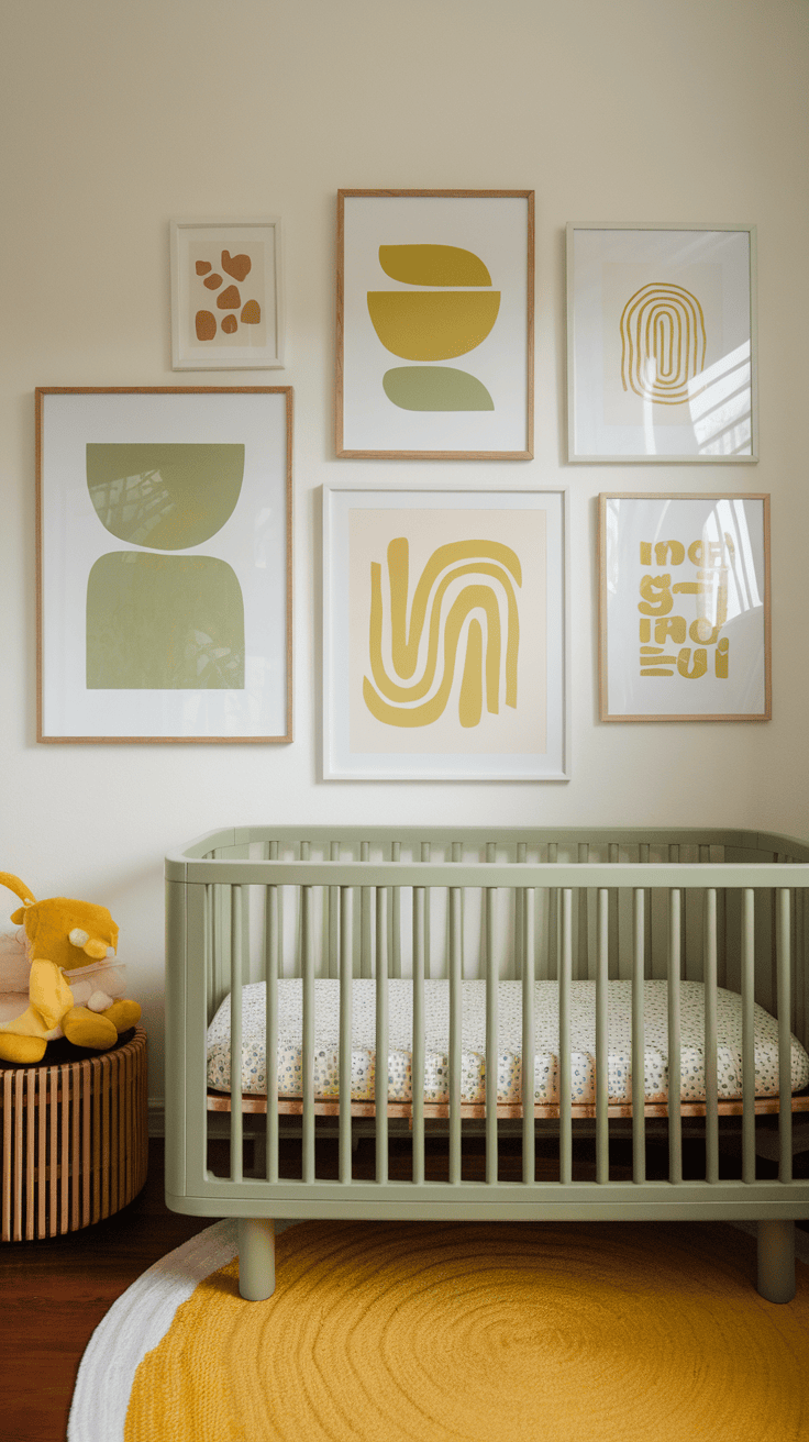 A nursery with DIY wall art in shades of sage green and yellow, with a crib and colorful decor.