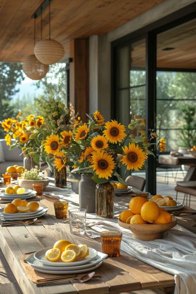 A rustic outdoor wooden table with sunflowers as a centerpiece and lemon slices sing on the plates