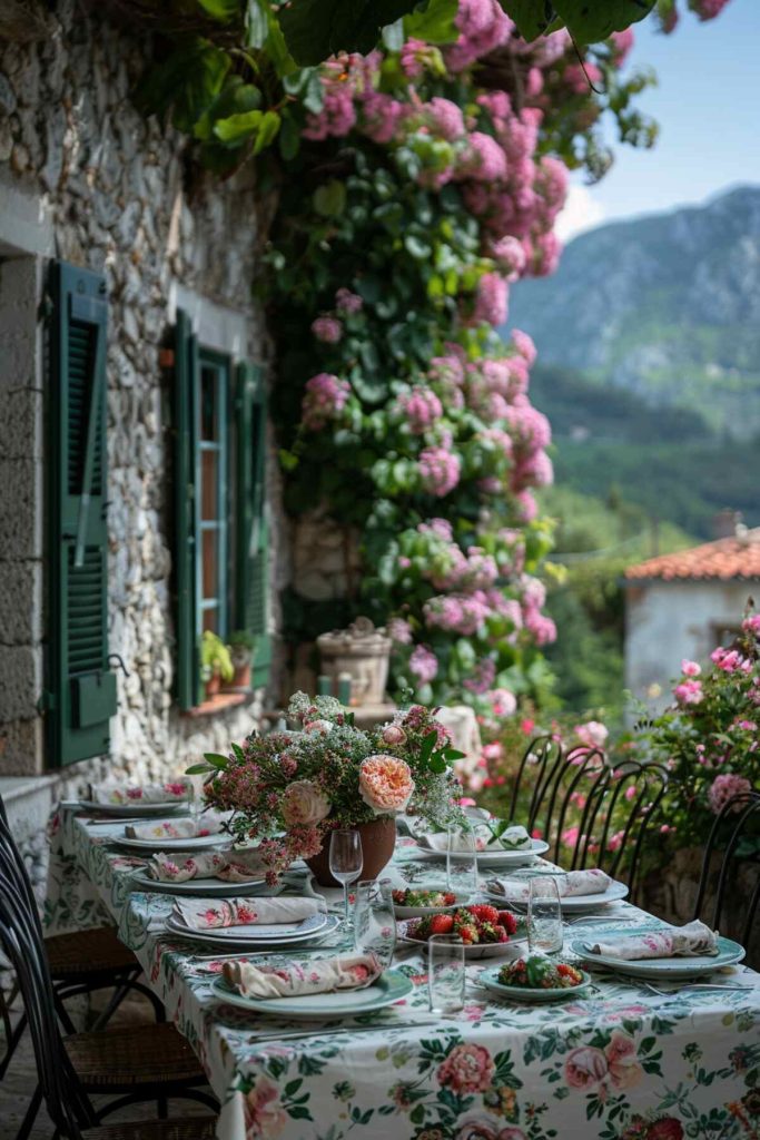 The outdoor table setting with a green and pink floral tablecloth lies next to it on floral-patterned plates