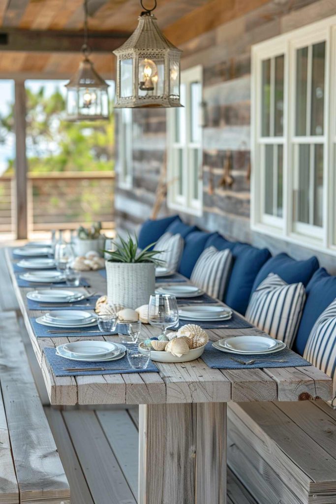 Outdoor table setting with stripes of navy and white pillows and a centerpiece made of driftwood and shells 