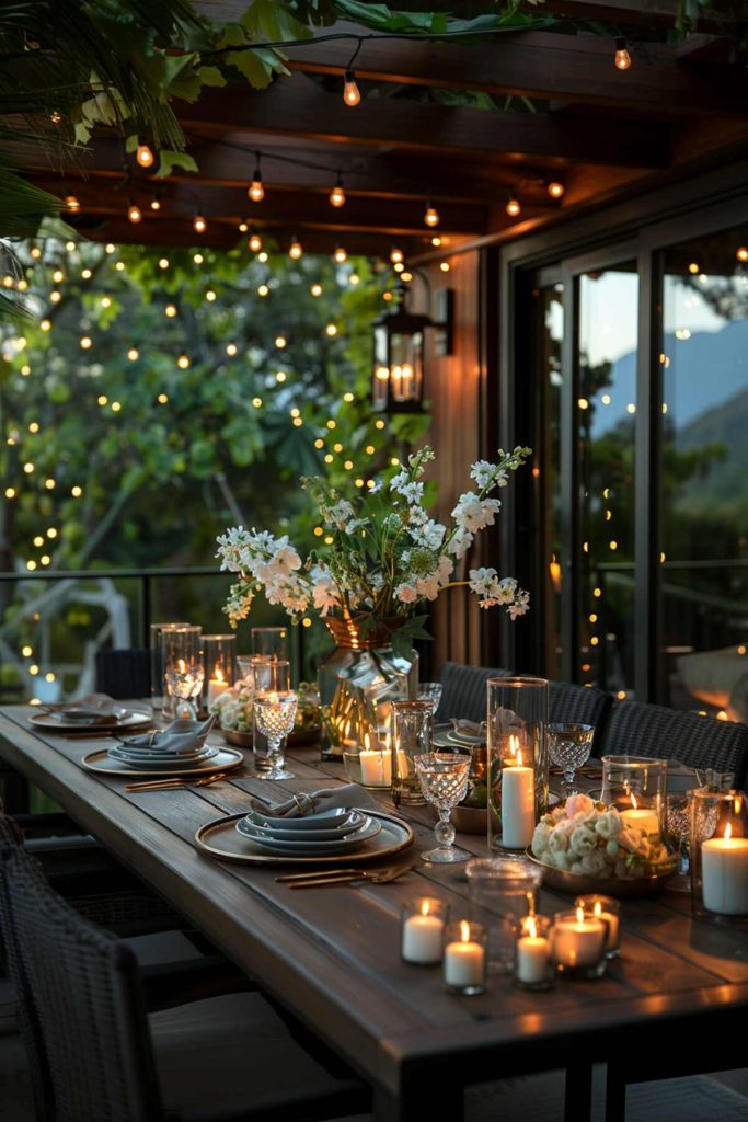 Outdoor table setting with crystal glassware and pretty white flowers under fairy lights to match the dark rattan chairs