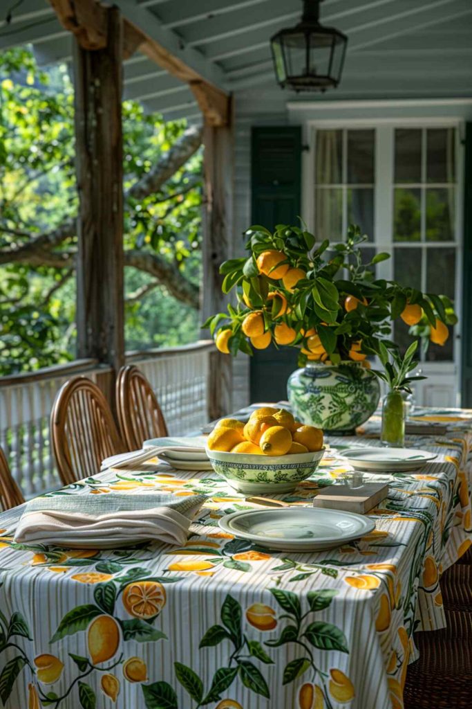 Outdoor table setting with lemon and green tones to match striped tablecloths and fresh citrus centerpieces