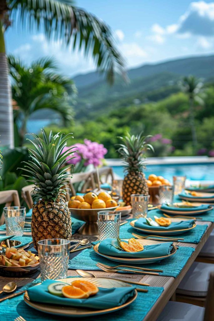 Outdoor table setting with bright turquoise placemats and gold cutlery and a pineapple centerpiece surrounded by smaller tropical fruits