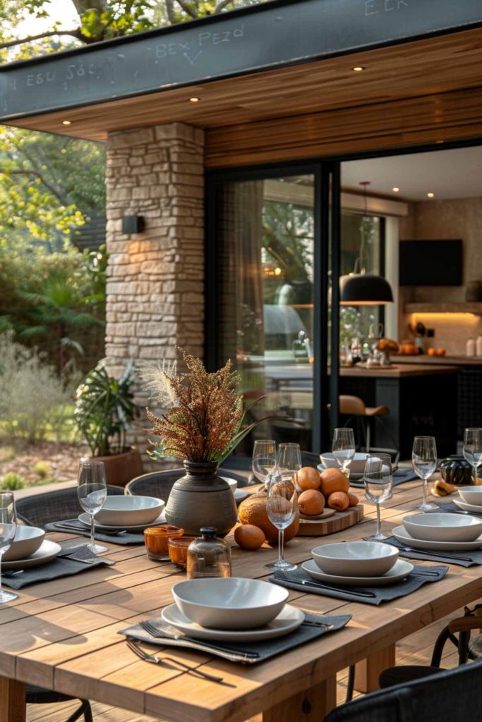 An outdoor table with clean lines and monochrome contrast to the natural wood grain of a modern outdoor table