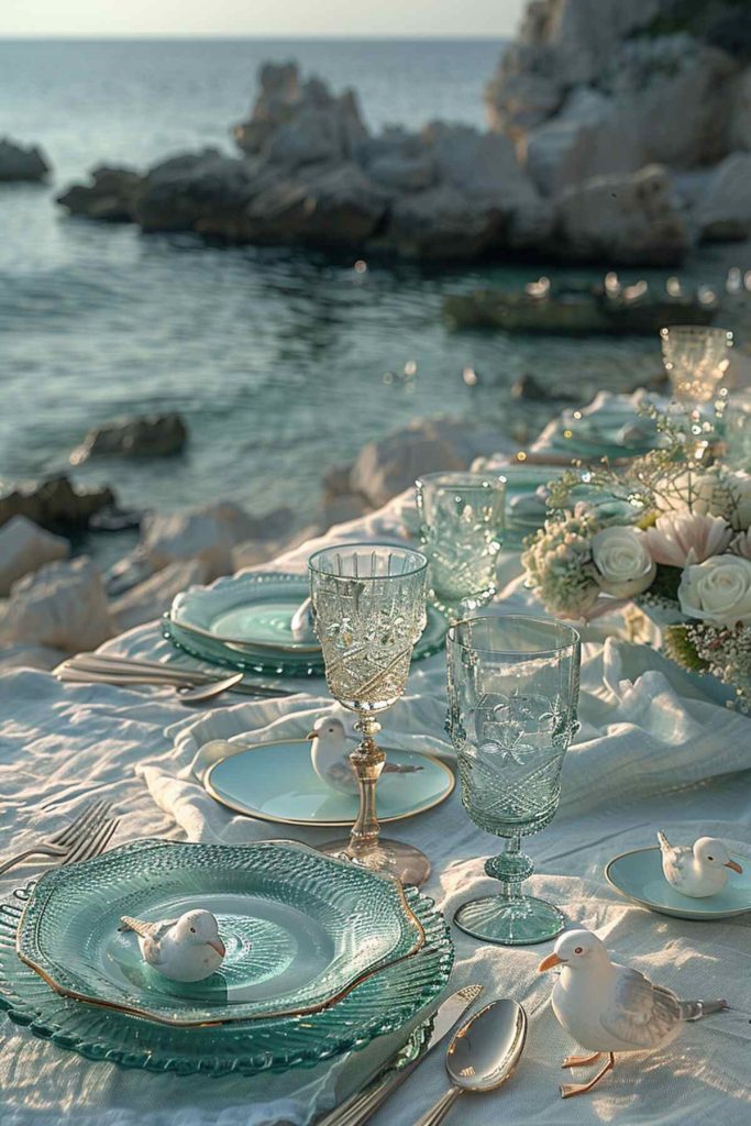 Outdoor seaside table setting with aquamarine glass plates and seagull ornaments on a sand tablecloth