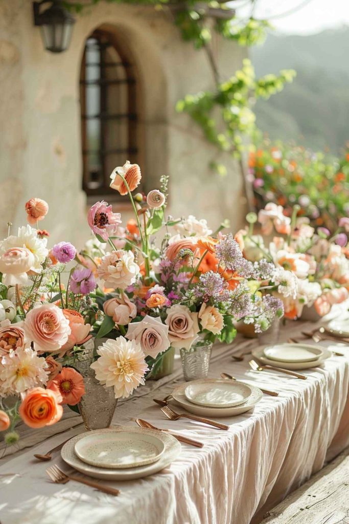 Outdoor table setting with pastel linen and delicate floral arrangements