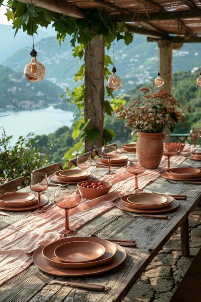 Outdoor table setting features earthy terracotta plates and an ombré runner in light pink and soft orange on a minimalist table setting