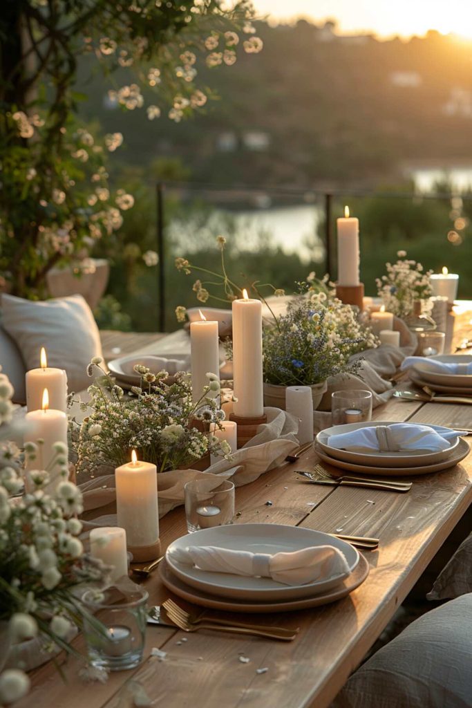 Outdoor table setting with delicate wildflower bouquets interspersed with candles on a natural wood table