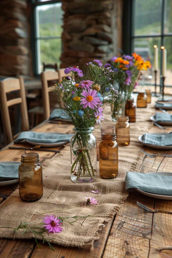 Outdoor table setting with burlap runners and mason jar vases filled with wildflowers