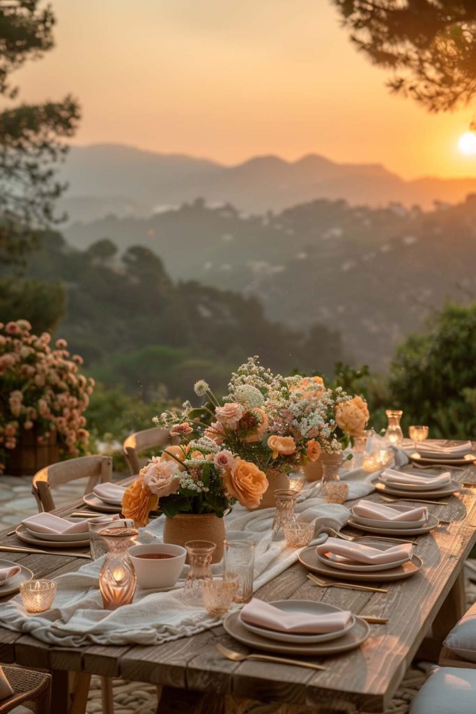 Outdoor table setting with peach and gold accents in front of a light wood table