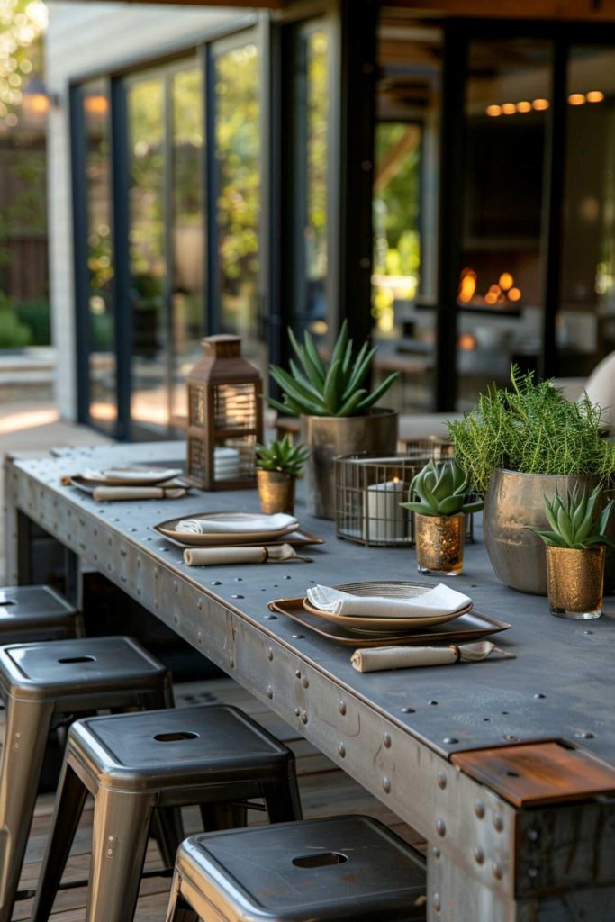 Outdoor table setting with elegant metal stools and metallic planters against the soft texture of linen napkins