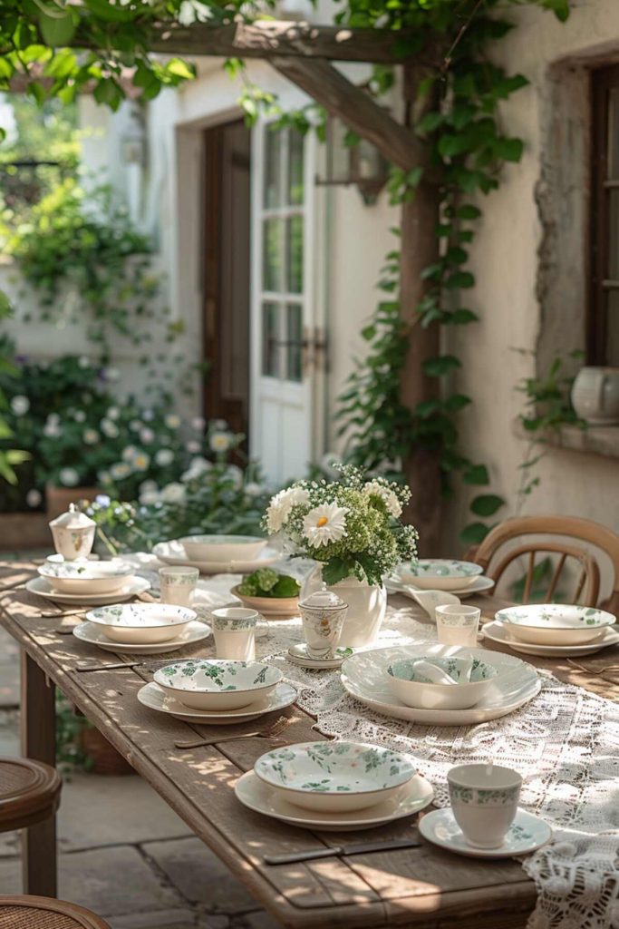 Outdoor table setting featuring an antique lace and heirloom porcelain table runner on a weathered wooden table