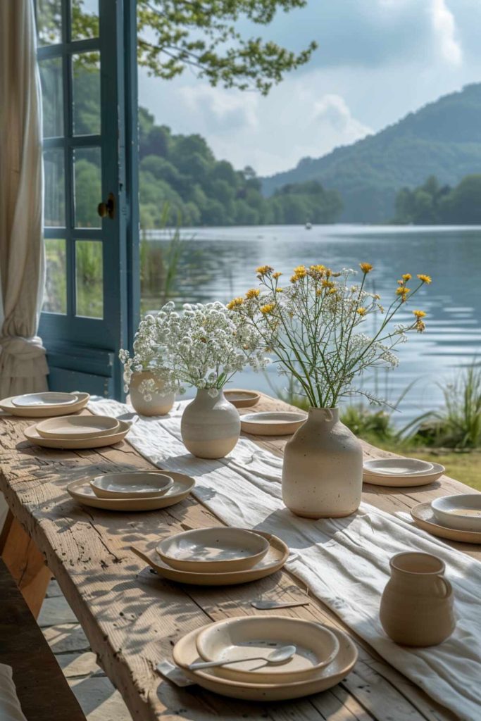 An outdoor table setting with soft checks, a small jar of wildflowers and earthenware dishes on an oak table