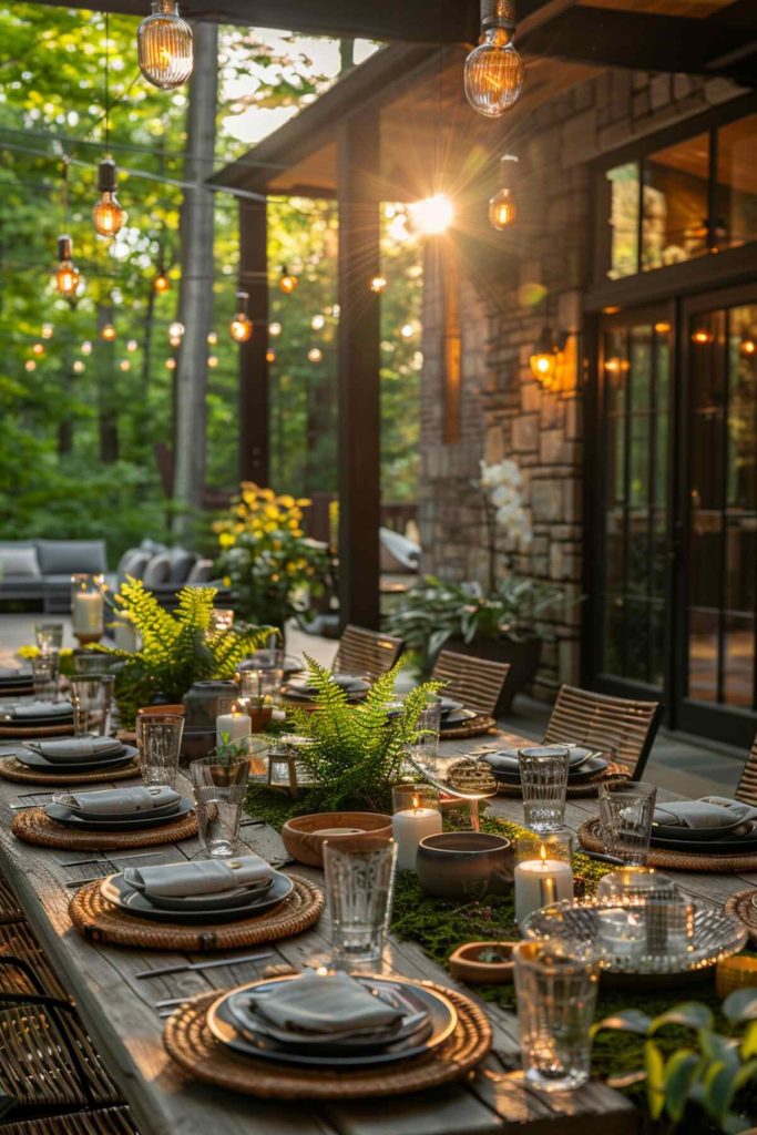 Outdoor table setting with moss runners and fern centerpieces between wooden chargers