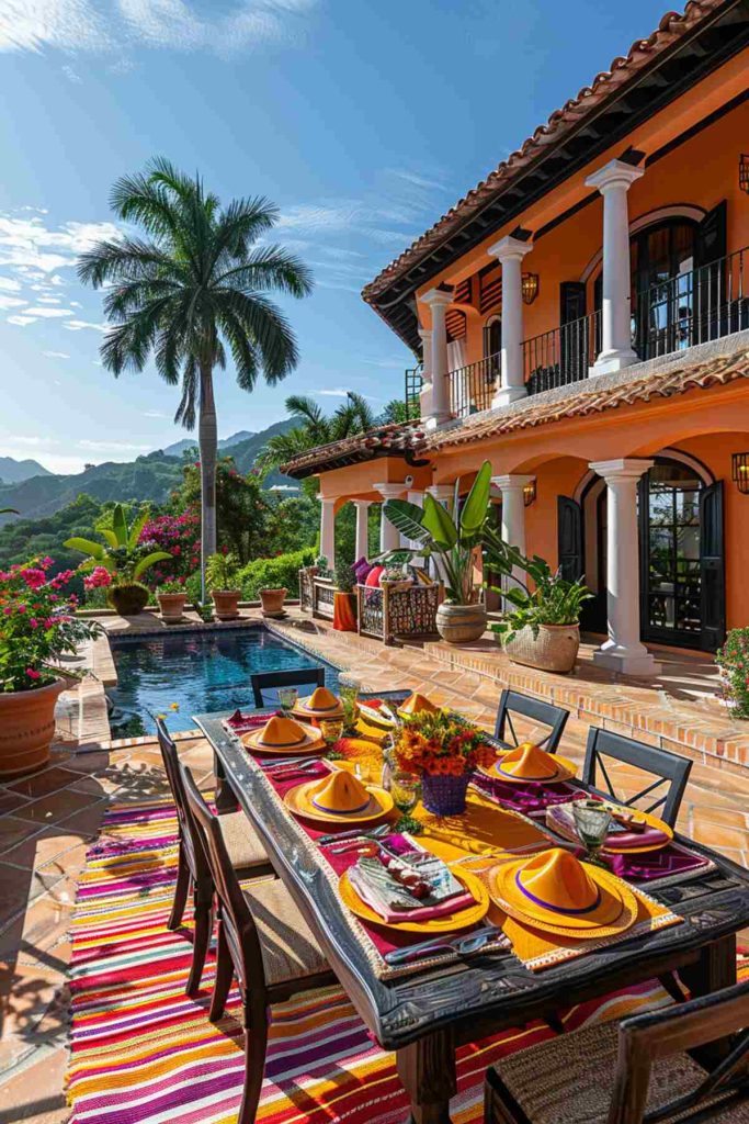 A colorful outdoor table setting with bold red and orange tones paired with sombrero-shaped napkin rings