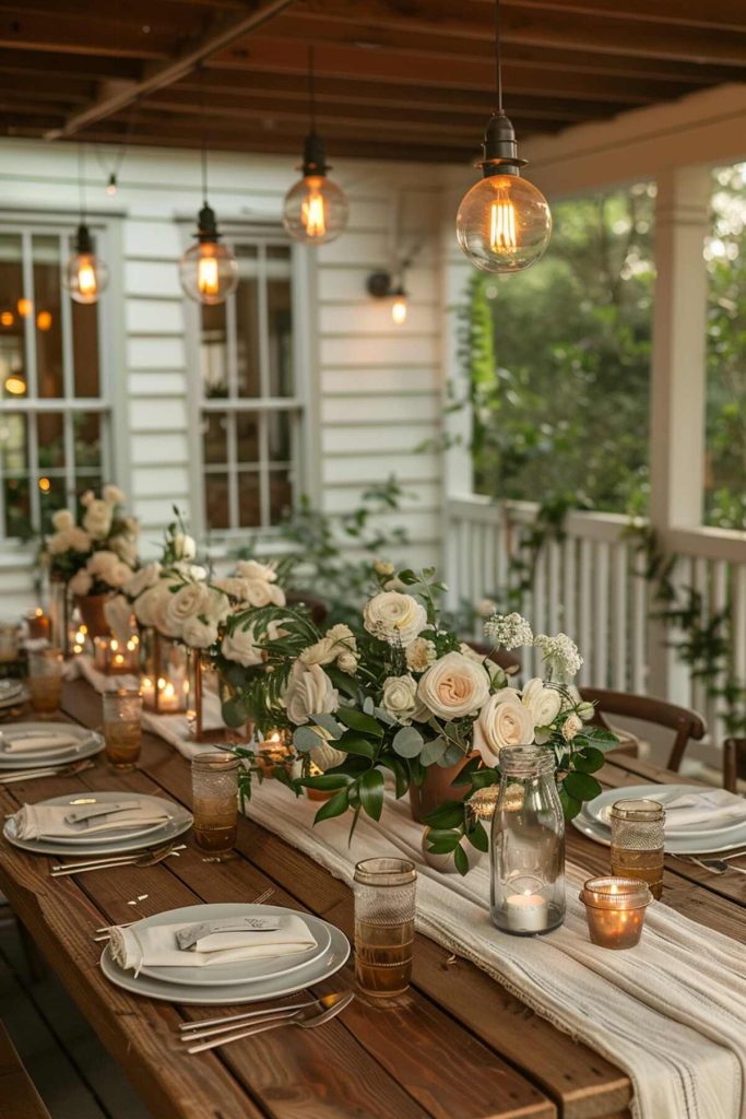 a classy mahogany table with a beautiful cream table runner and simple white roses in a mason jar