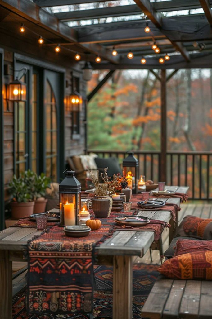 Outdoor table setting features burnt orange and deep red paired with rustic lanterns