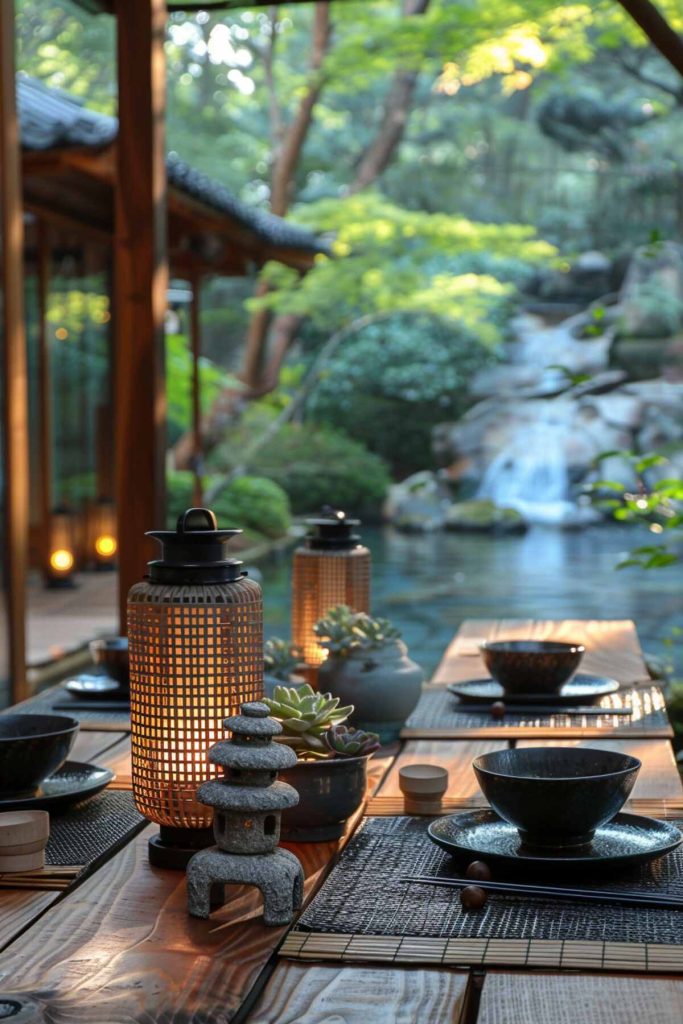 Outdoor table setting with succulents, lanterns, a wooden table and a mini stone tower