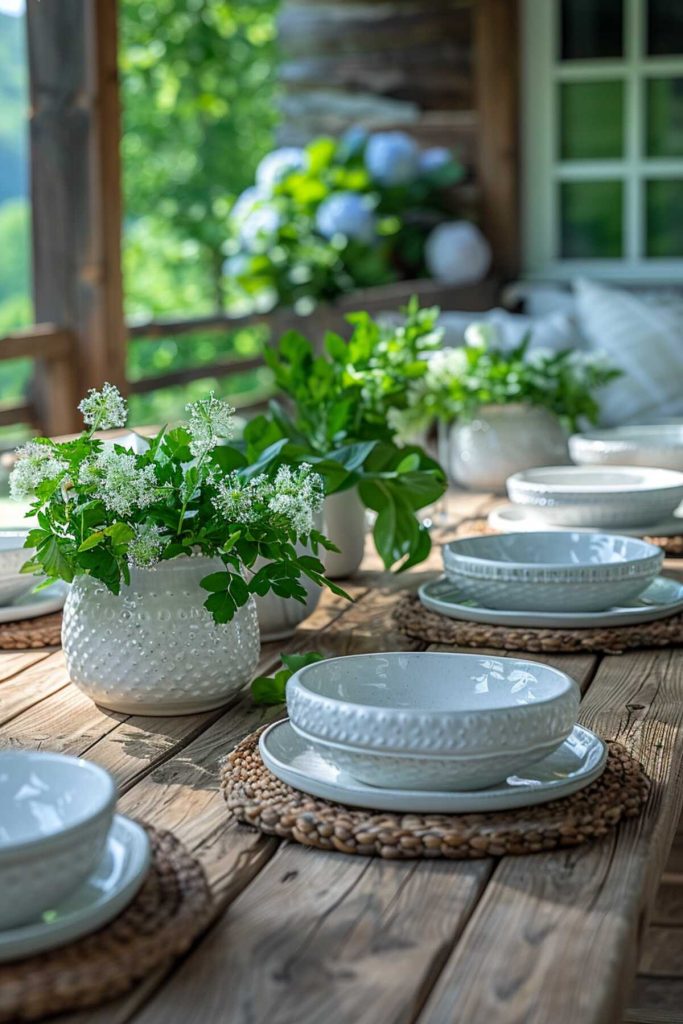 Outdoor table setting with fresh green tones and bright white ceramic on the patio table