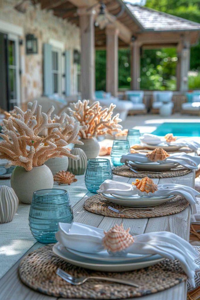 Sea-inspired outdoor table setting with shiny coral and shell decor and aqua linens