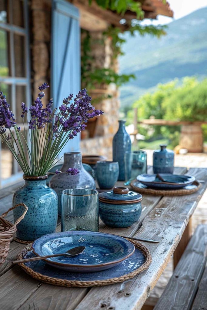 Outdoor table setting with lavender branches and provincial blue dishes on a shabby chic style table