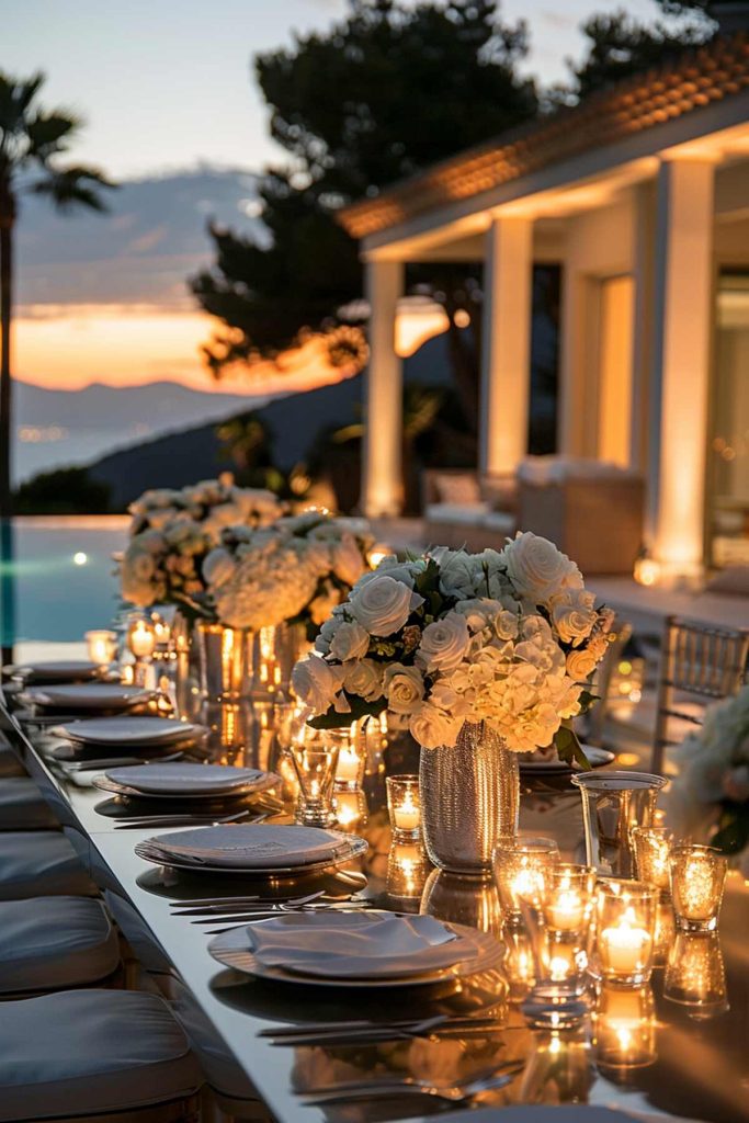 Outdoor table setting under a canopy of evening light and flickering candles and silver decor on a reflective table 