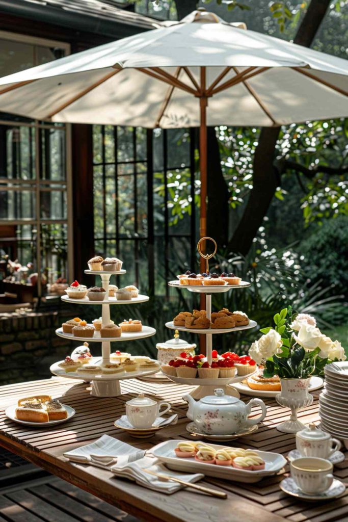 Outdoor table setting with fine bone china and tiered cake stands full of delights under the shade of a garden umbrella