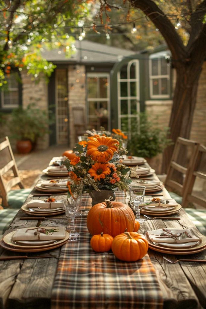 Outdoor table with pumpkin centerpieces and checkered blankets as tablecloths