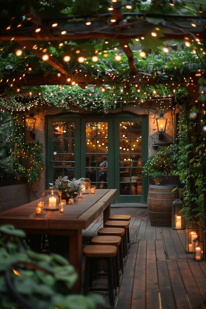 Outdoor table setting with tiny fairy lights intertwined with ivy to mimic fireflies at dusk