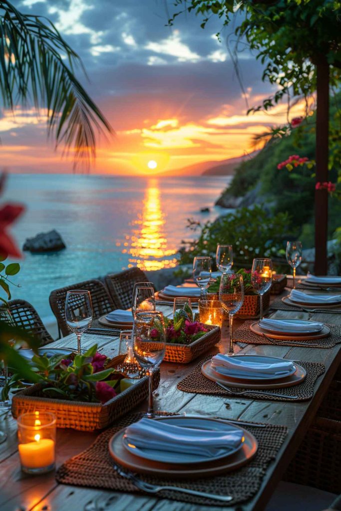 Outdoor table setting with portable rattan trays as planters for a sunset dinner