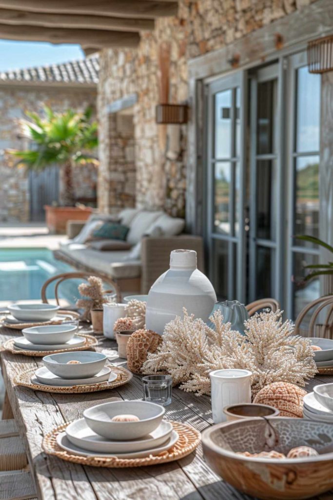 Coastal-style outdoor table setting with driftwood and bleached coral accessories paired with a neutral color palette