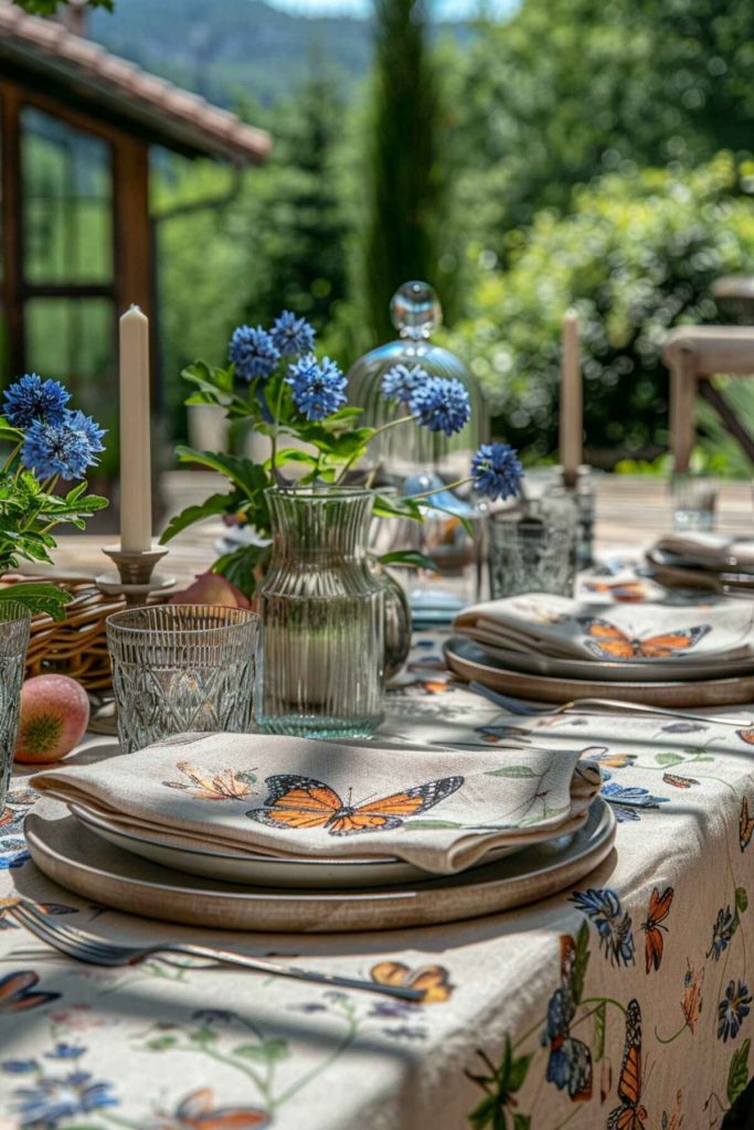 Outdoor table setting with butterfly prints on linen and delicate glass butterfly ornaments