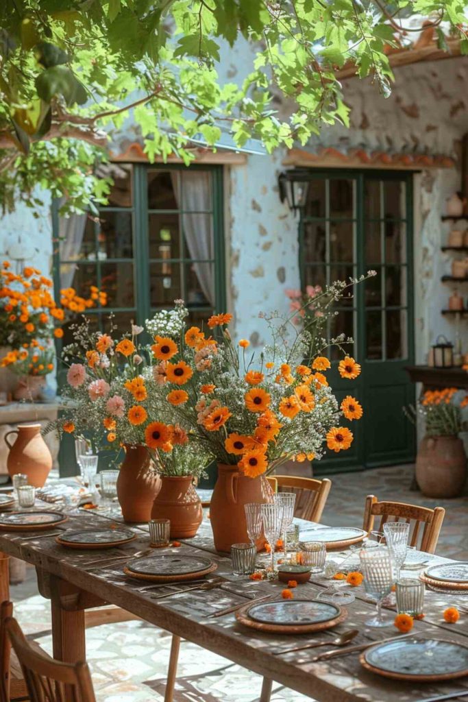 Outdoor table setting with vibrant floral arrangements in painted terracotta pots