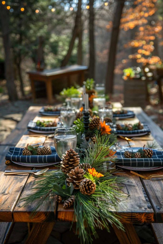 Outdoor table setting featuring a table made from reclaimed wood complemented by centerpieces made from pine cones and greenery in a woodland setting