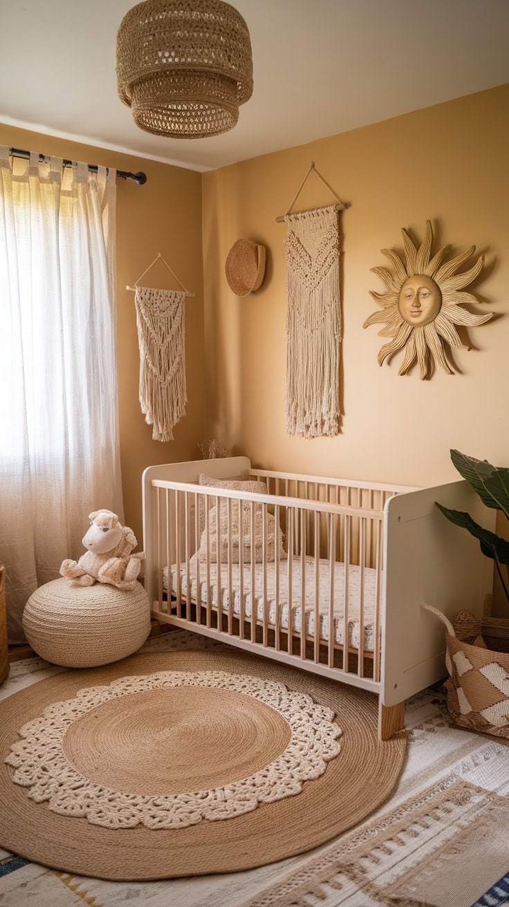 A boho-style nursery with a crib, natural decor and textured rugs.