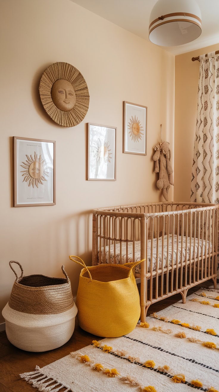 Cozy boho children's room with woven baskets and a wooden bed.