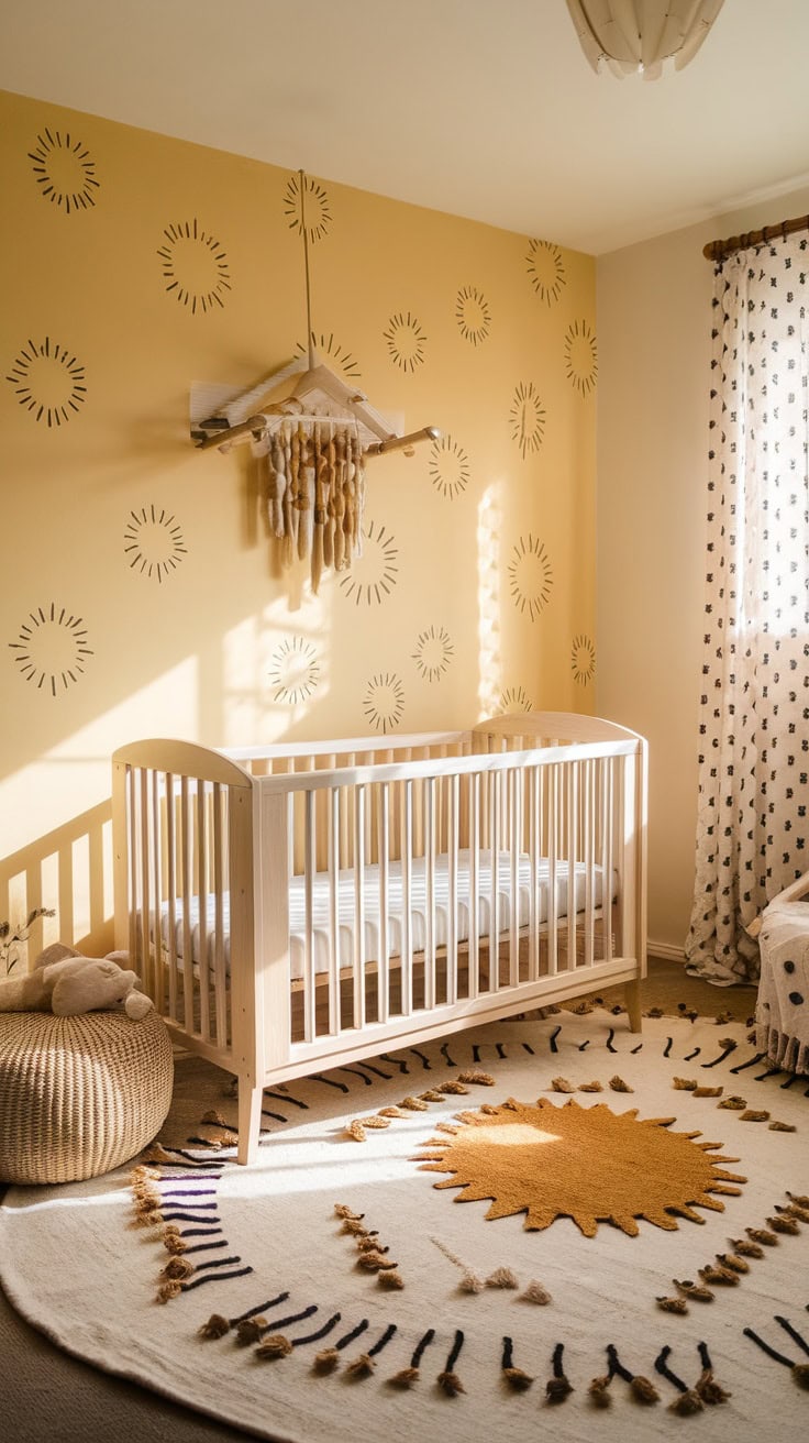 A children's room with yellow sun-themed walls, a wooden bed and a cozy rug.