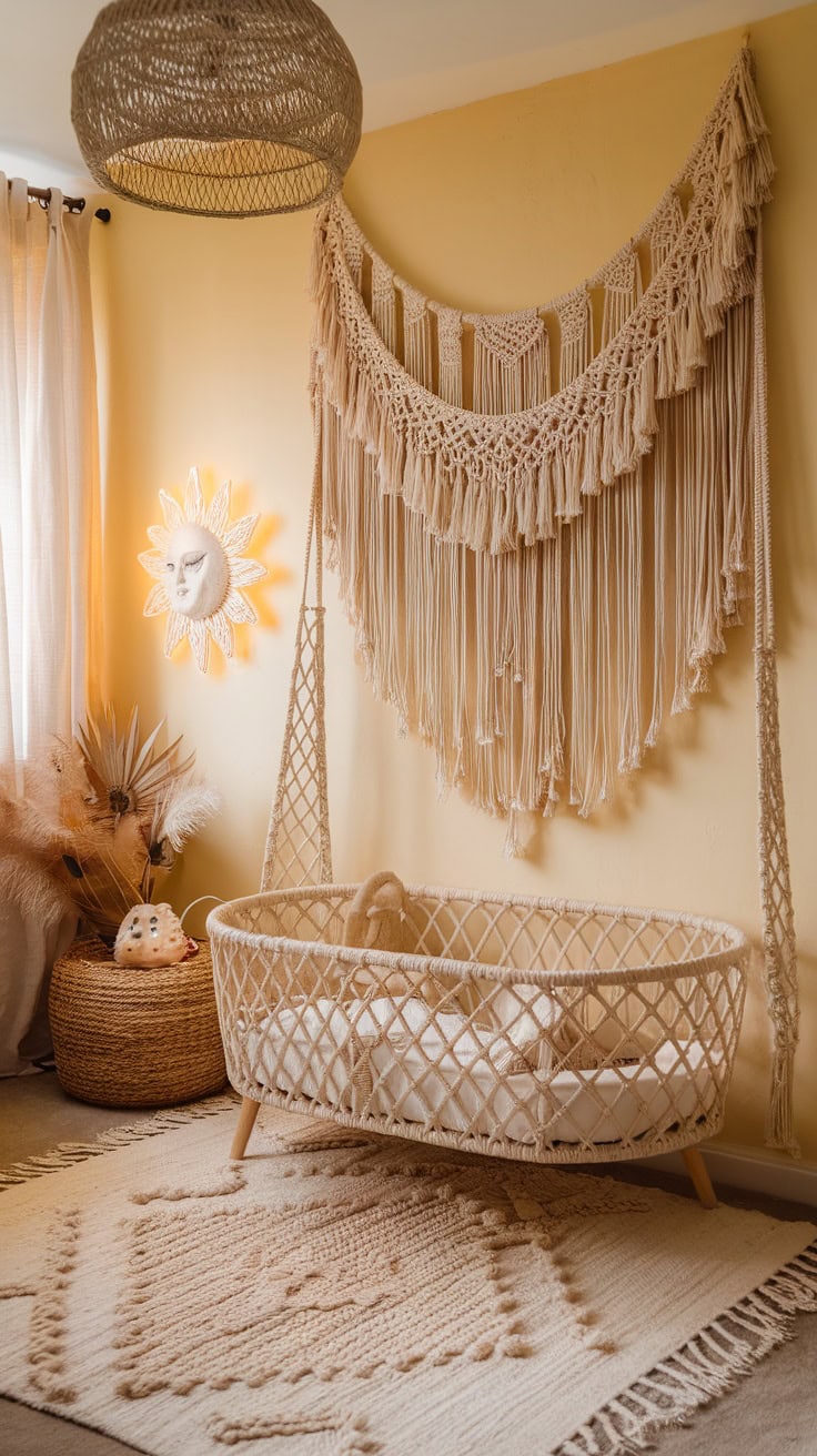 Bohemian nursery with macrame wall art and a woven bassinet