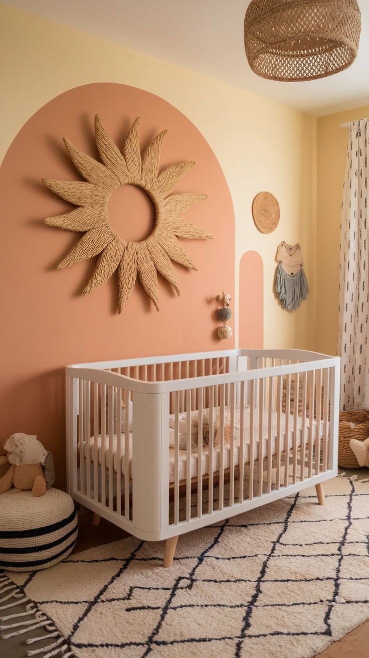 A children's room with woven sun wall decoration, a white cot and warm colors.