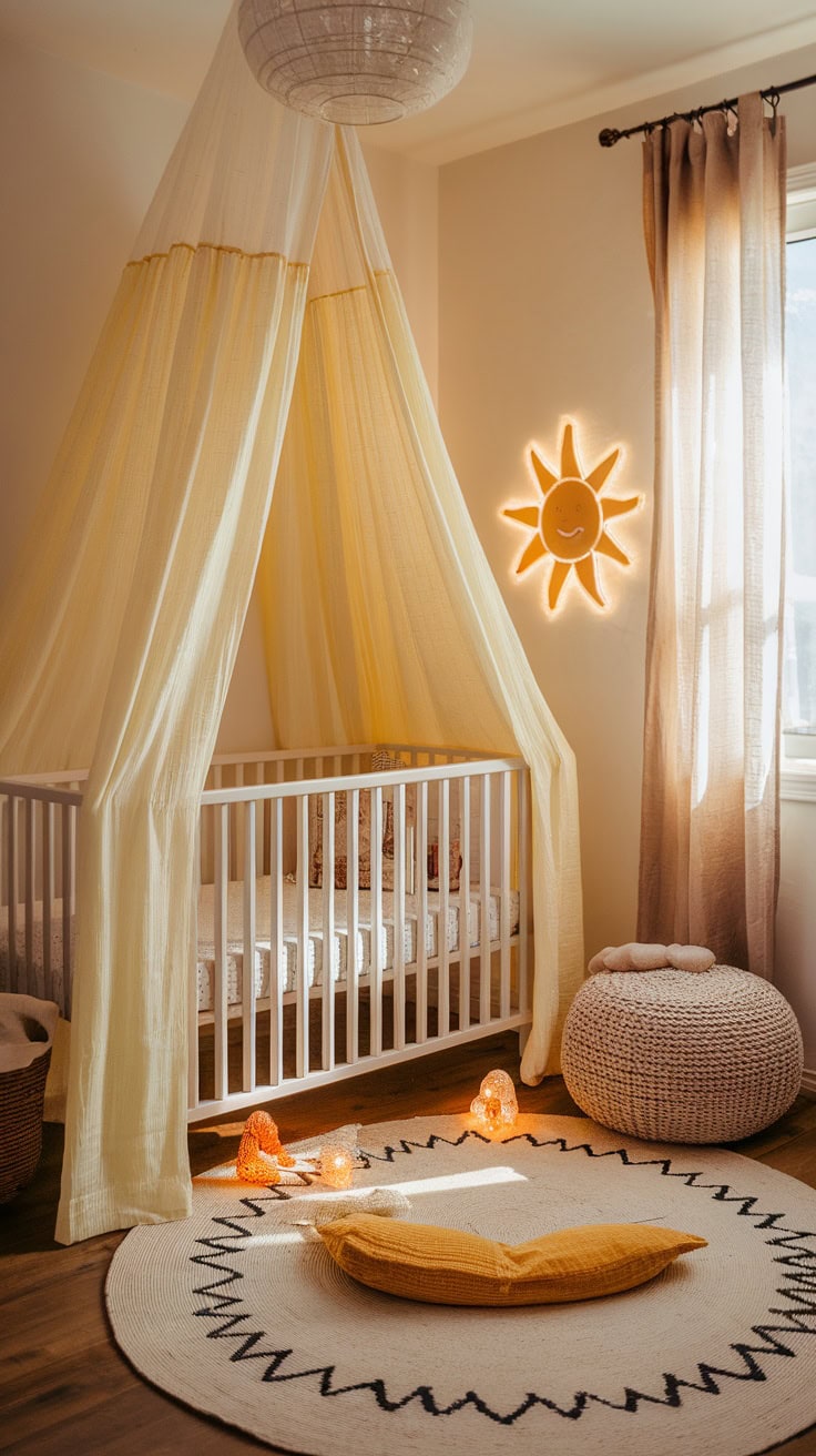 A bright children's room with sun-filled curtains and a cozy cot.