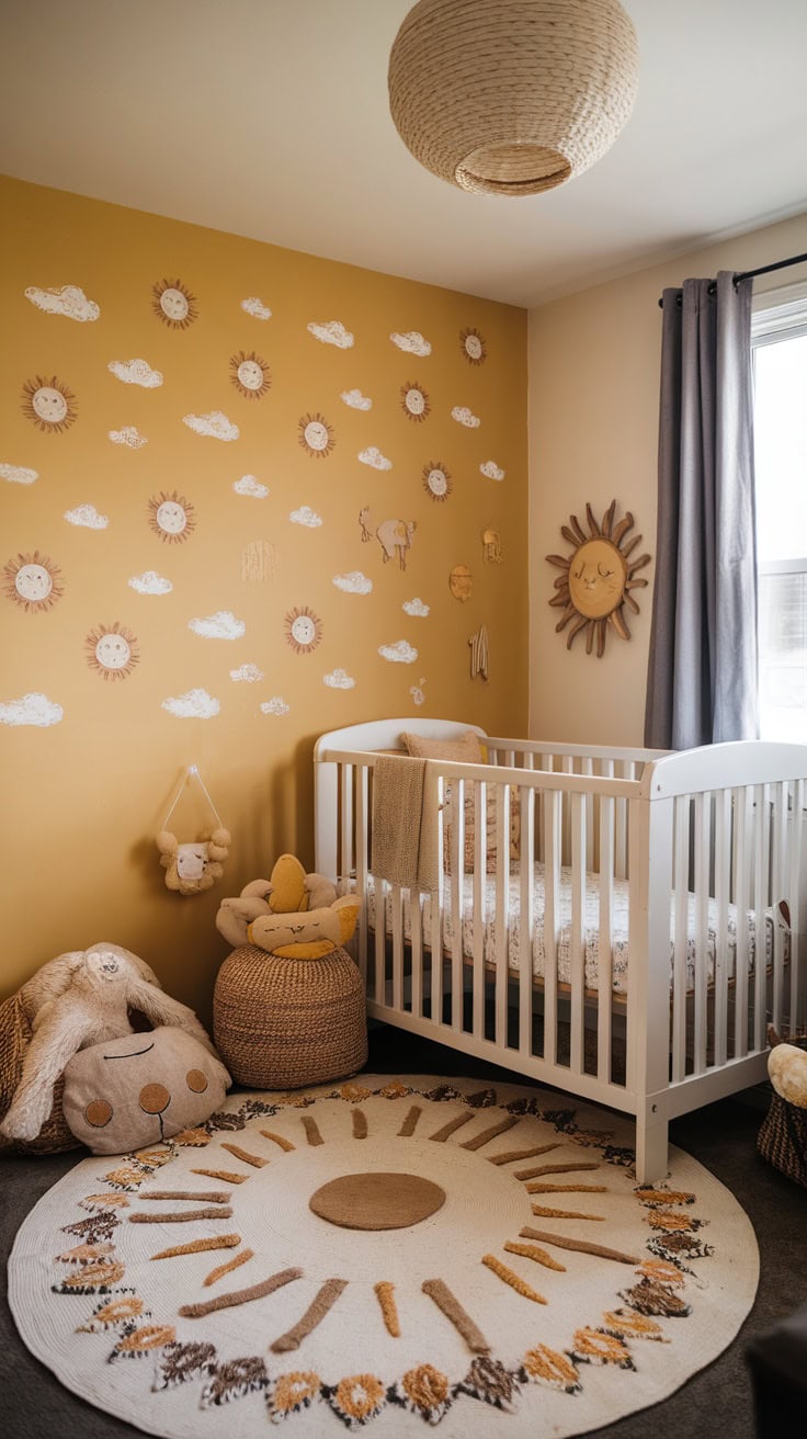 A cozy nursery with playful wall decals of suns and clouds on a yellow wall, a crib and soft decor.