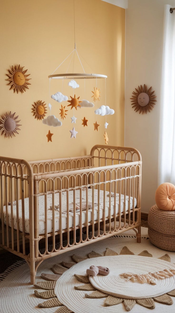 Sun and cloud mobile hanging above a crib in a boho nursery