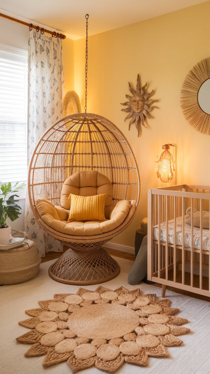 A cozy children's room with a hanging wicker chair with soft cushions, warm lighting and a cot.