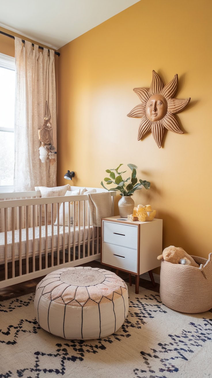 A cozy children's room with a cot, stool and warm furnishings.