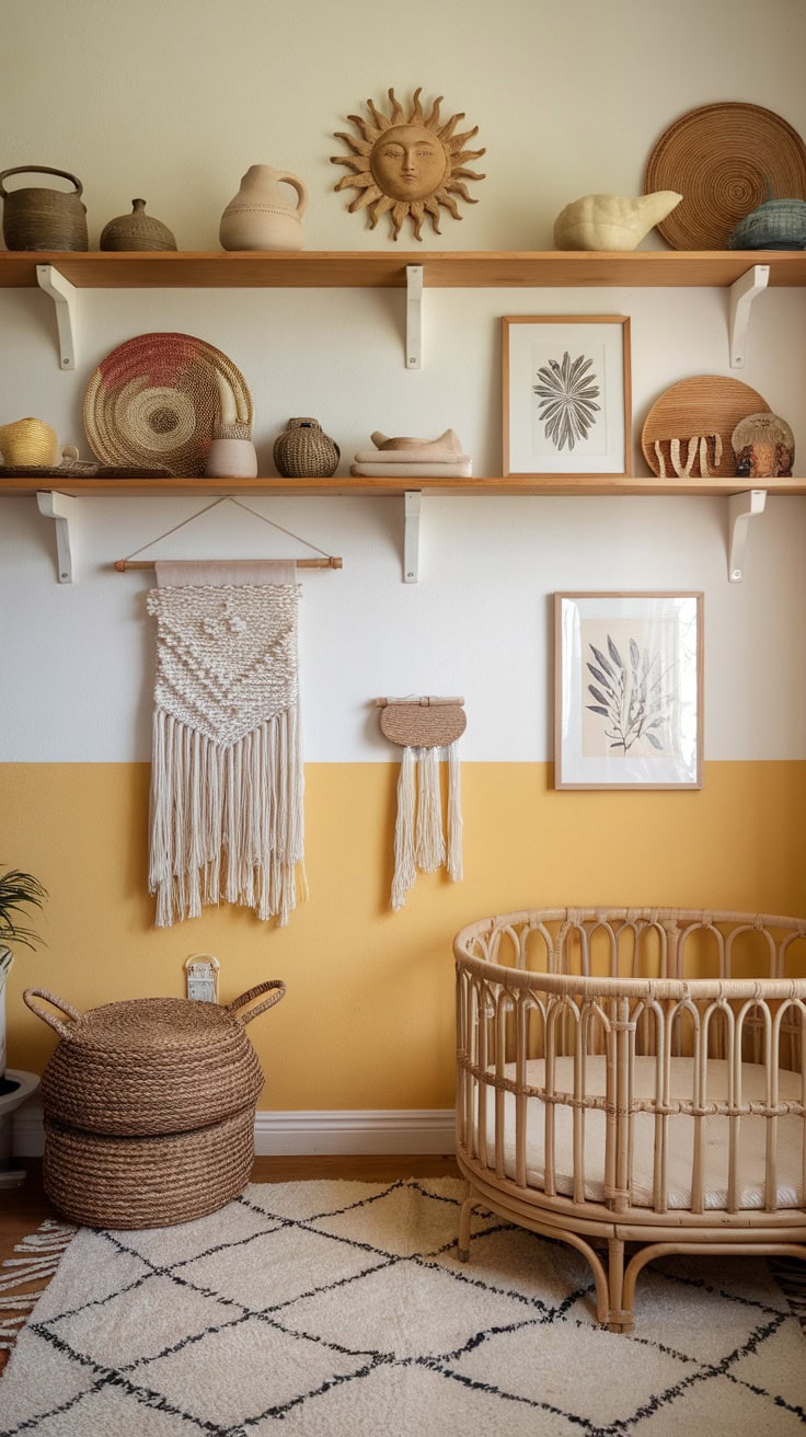 Boho-style nursery with shelves of sun decor including pottery and wall hangings.