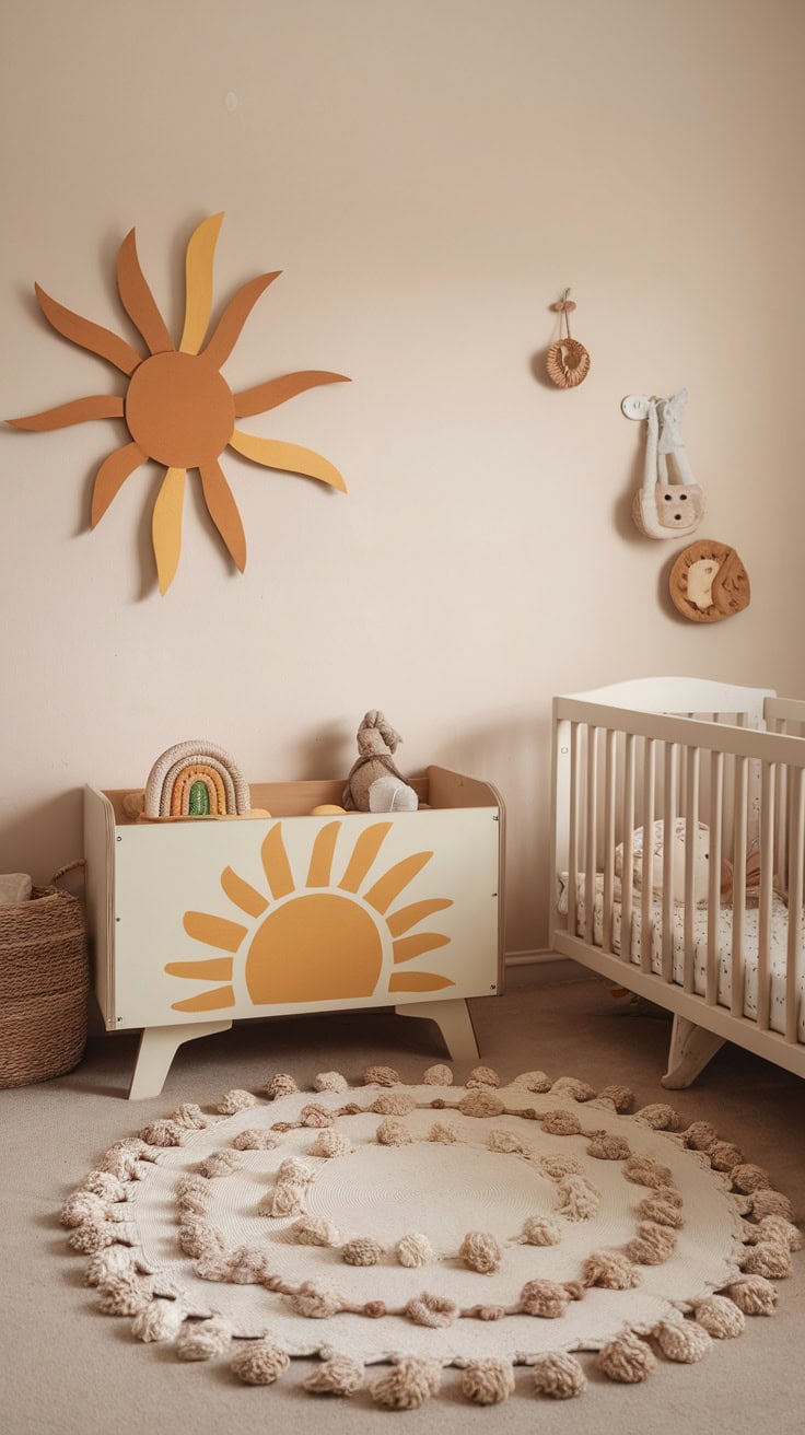 A cozy children's room with a sun-themed toy storage box and a soft round rug.