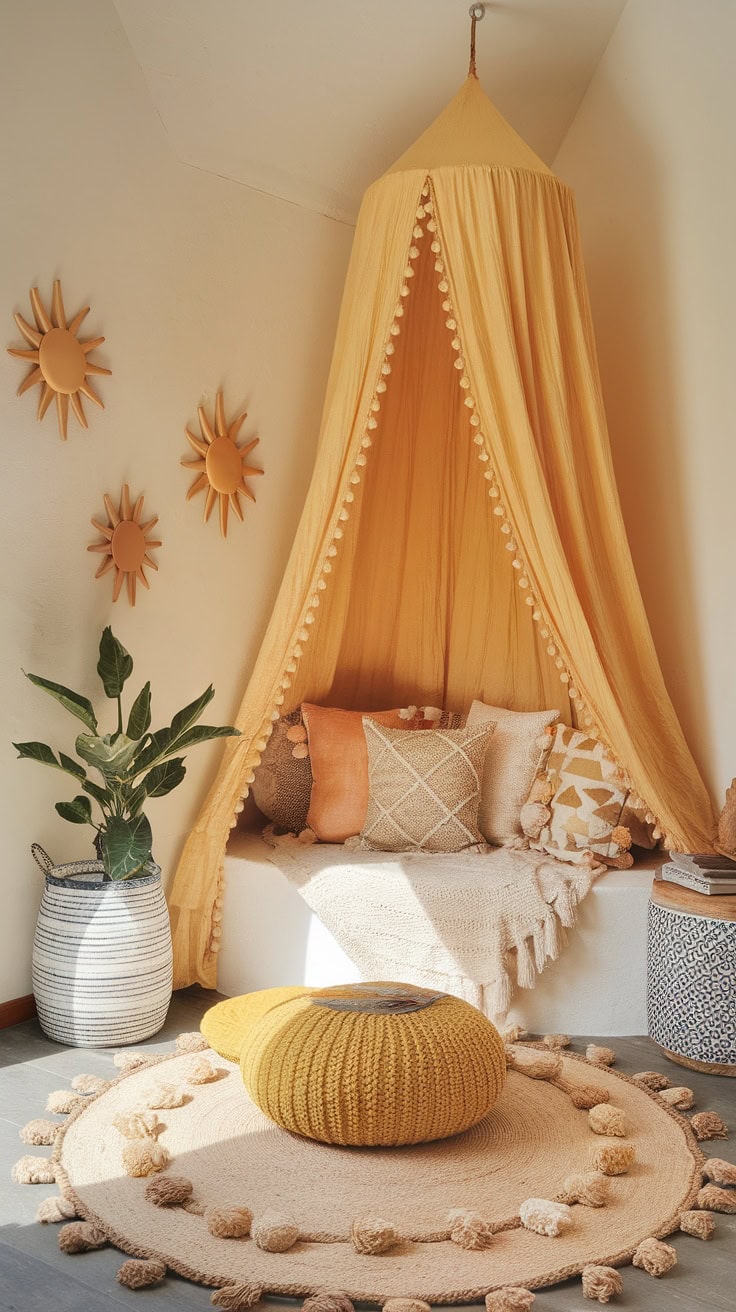 A cozy canopy reading nook in a child's room features soft pillows, a round rug, and decorative sun-themed wall art.