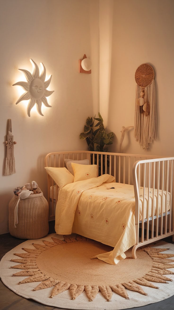 A cozy children's room with yellow bedding and sun-themed decor.