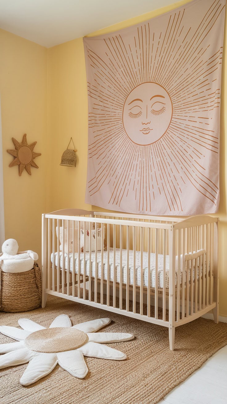 A cozy children's room with a sun-themed tapestry, a cot and a flower-shaped rug.