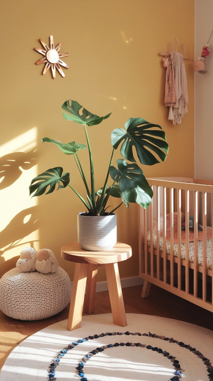 A cozy children's room with a large plant, a wooden bed and a round carpet.